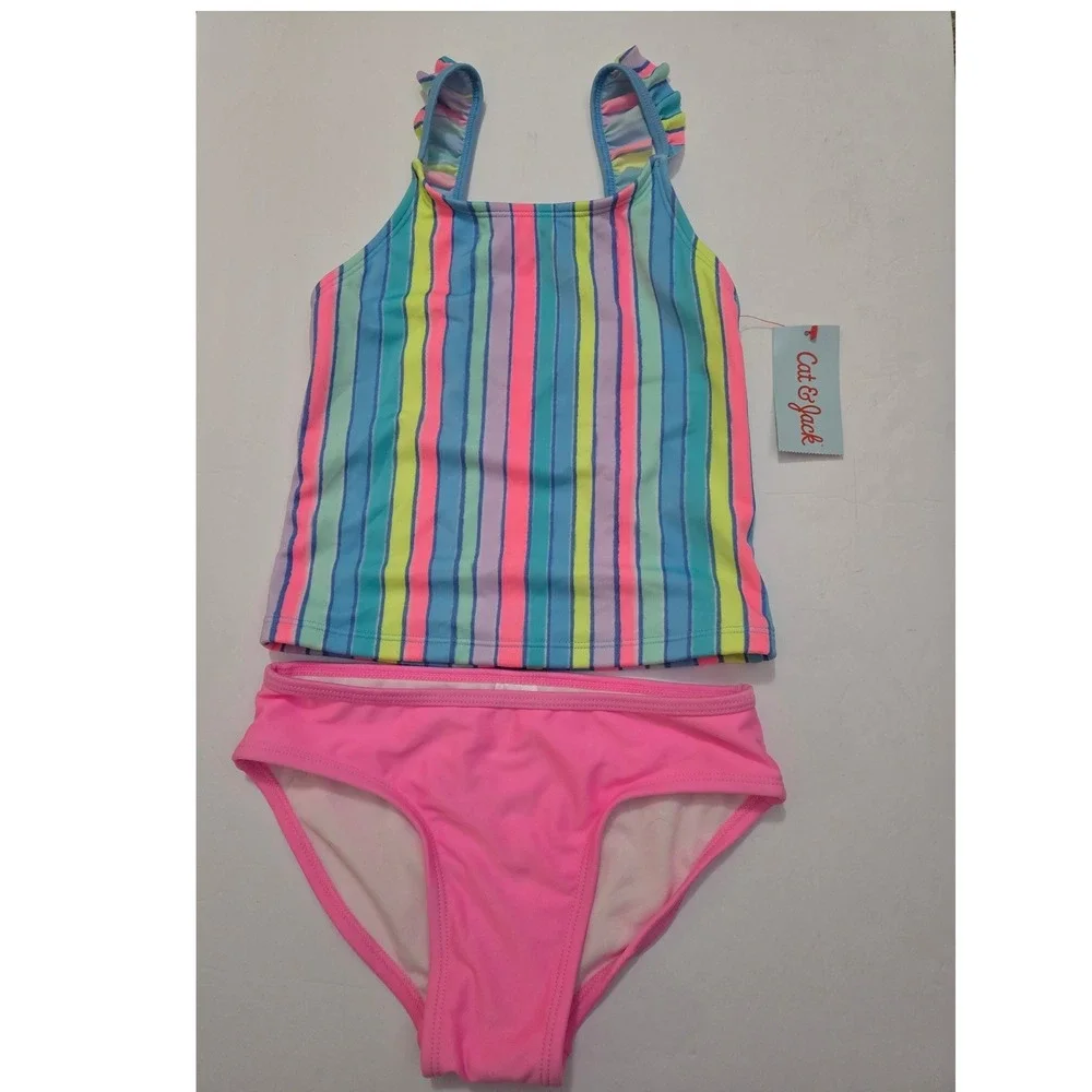 Cat & Jack Girls Striped Tankini 2pc Swimsuit Set Ruffle Straps Pink Blue M 8